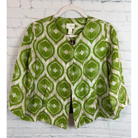 CHICO'S green ecru 100% linen 3/4 sleeve short unlined blazer jacket size 0 (S) - Picture 1 of 7